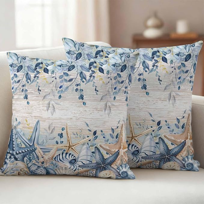 Marine Life Outdoor Waterproof Throw Pillow Covers Set of 2, 18"x18", Watercolor Blue Beige Starfish Shell Leaves Wood Decorative Pillow Covers Outside Cushion Case for Patio Porch Garden
