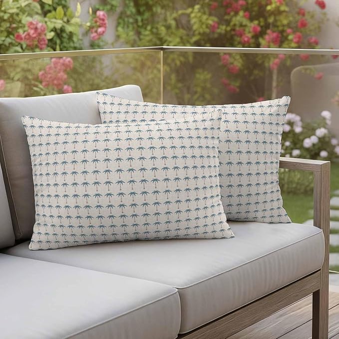 Palm Trees Outdoor Pillow Covers 20"x12" Set of 2, Summer Vintage Nautical Coastal Beach Ocean Blue Tree Waterproof Throw Pillow Covers for Patio Furniture, Decorative Cushion Covers for Porch
