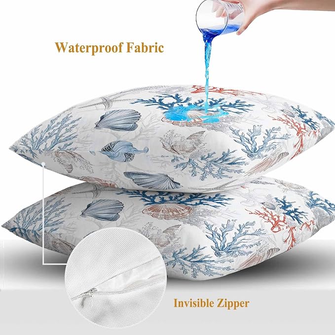 Summer Nautical Outdoor Waterproof Throw Pillow Covers Set of 2, 18"x18", Red Blue Coral Seashell Coastal Vintage Decorative Pillow Covers Outside Cushion Case for Patio Porch Garden