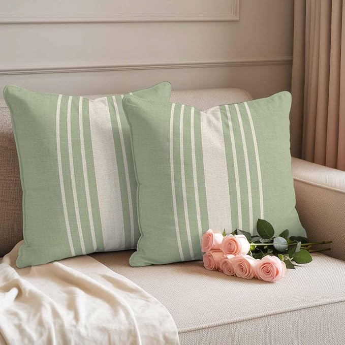 Throw Pillow Covers 18x18 Inch Set of 2, Sage Green Beige Striped Waterproof Outdoor Cushion Covers, Modern Farmhouse Retro Lines Decorative Pillowcases for Couch, Sofa, Bed, Garden, Patio