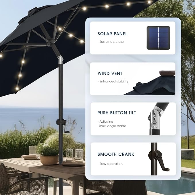 wikiwiki 9ft Solar Led Patio Umbrella, Sturdy Outdoor Market Umbrella for Deck, Pool, Garden w/Tilt, Crank, 32 LED Lights, Navy Blue
