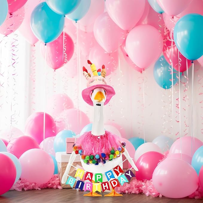 Abbylike 4 Pcs Happy Birthday Porch Goose Outfit for 23" Statues Poseable Porch Goose Wings Birthday Cake Hat for Lawn Patio Outdoor Geese Statue Decoration Accessories(Pink,Gauze Skirt Style)