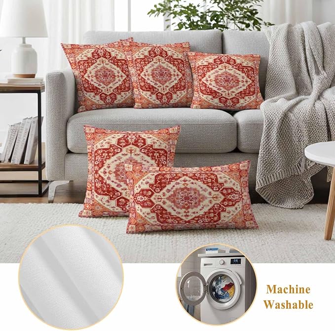 Red Bohemia Turkish Pattern Outdoor Pillow Covers Set of 2 Retro Ethnic Style Waterproof Throw Pillow Cover Decorative Cushion Cases for Patio Porch Garden 20X12 Inch