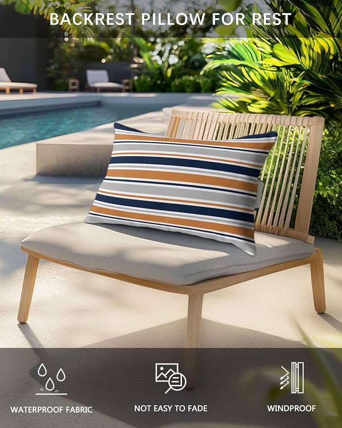Pack of 4 Outdoor Lumbar Pillow Covers 12x20 Inch, Orange Grey Striped Waterproof Throw Pillow Covers Set, Farmhouse Stripes Modern Abstract Art Outside Decorative Cushion Cases for Patio Porch Car