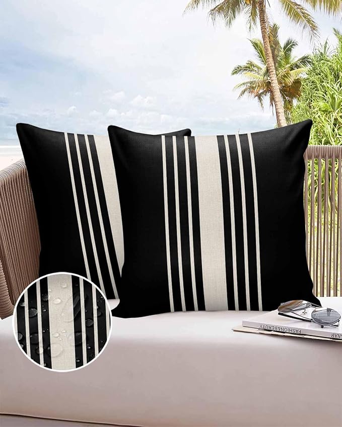 Vandarllin Outdoor Throw Pillows Covers 26x26 inch Set of 2 Waterproof Black Stripes Decorative Zippered Cushion Covers for Patio Furniture, Classic Striped Linen Lumbar Pillowcases