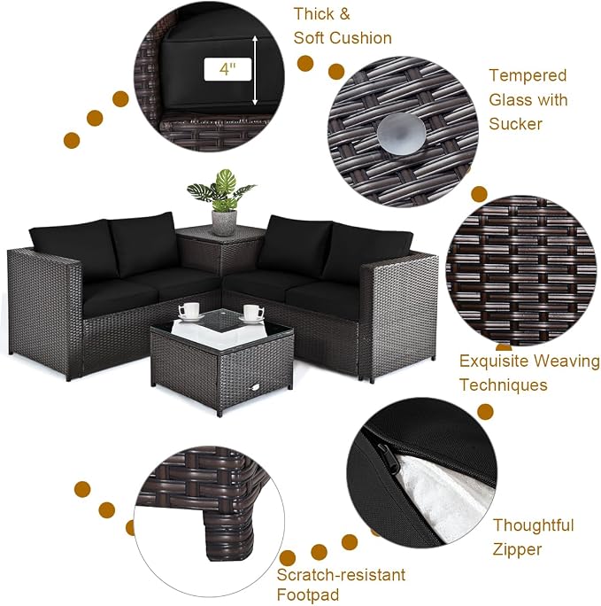 Tangkula 4 Piece Wicker Patio Set with Storage, All Weather-Proof Outdoor Conversation Set with Loveseat, Glass Top Coffee Table & Storage Box, Suitable for Garden, Poolside, Sunroom (1, Black)