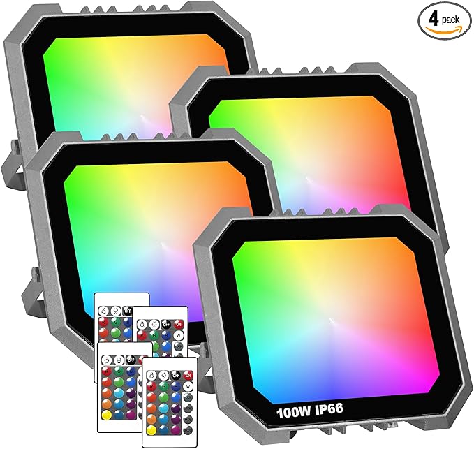 Leddictive 4 Pack RGB LED Flood Light 100W, 1000W Equivalent 10000 LM Outdoor Landscape Flood Lights with 4 Remote, IP66 Waterproof Outdoor Light for Christmas Party Stage Uplight Wall Wash