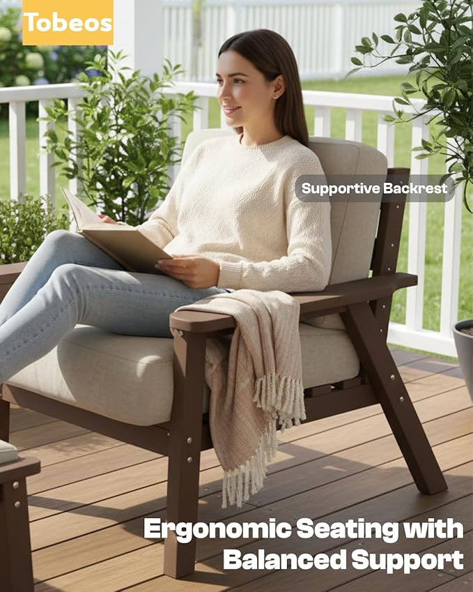 HDPE 6 Piece Patio Furniture Set, Outdoor Couch with Washable Thick Beige Cushions & Coffee Table & Side Table, Outdoor Sectional Furniture for Backyard, Deck, Lawn, Porch (Brown Frame)