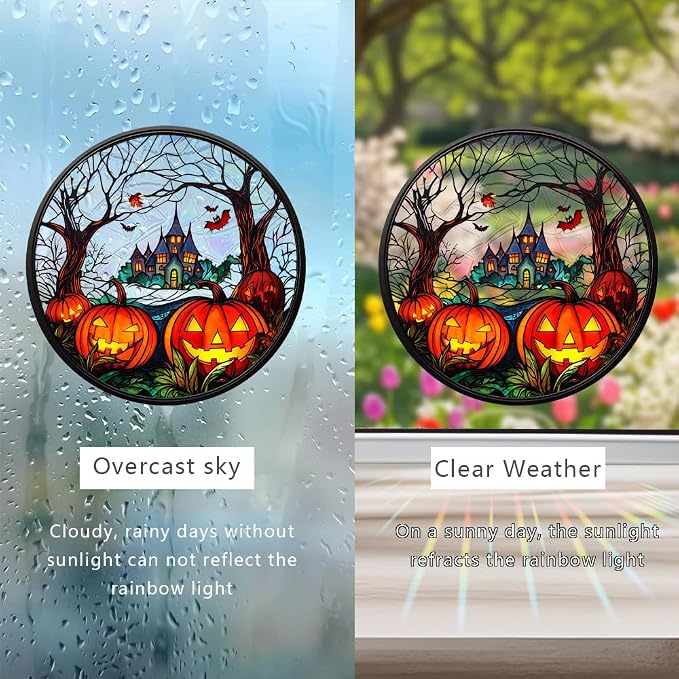 Acrylic Halloween Sun Catcher - 7.87 Inch Pumpkin Round Suncatcher for Window Hanging Decoration - Creates Indoor Rainbows Light Refraction - Spooky Ghost, Witch, Pumpkin Design