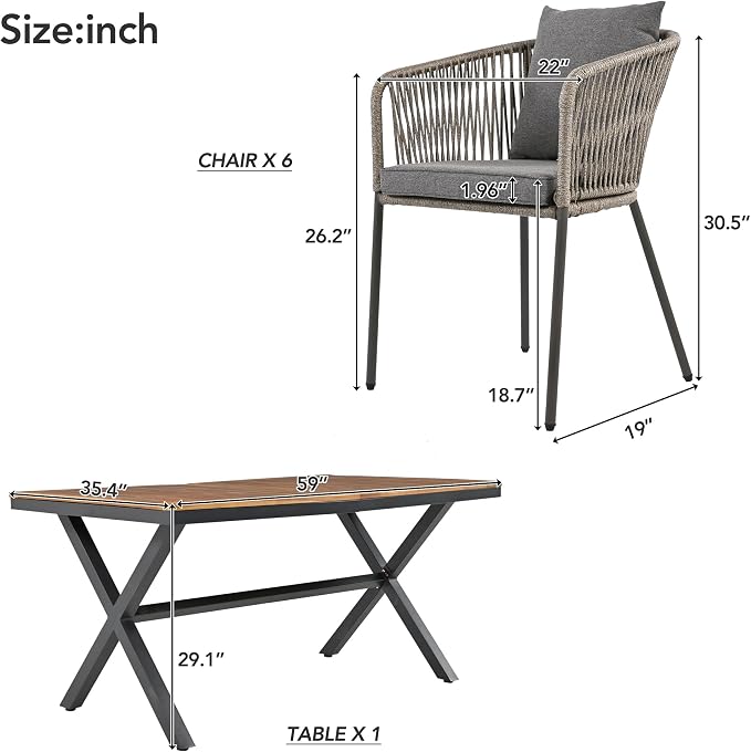 7 PC Patio Dining Set with Table and 6 Chairs Grey | All-Weather Outdoor Furniture with Acacia Wood Tabletop & Metal Frame, for Garden, Backyard, or Balcony