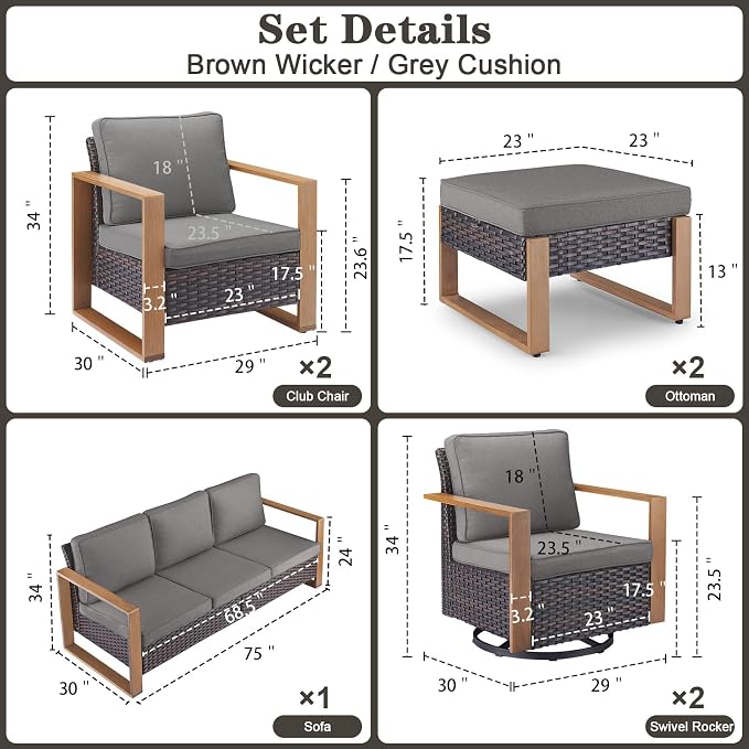 Belord Modern Outdoor Patio Furniture 7 - Person Outdoor Swivel Glider Seating Group, Backyard Wicker Furniture Set with Aluminum Armrests, Brown Wicker Grey Cushion