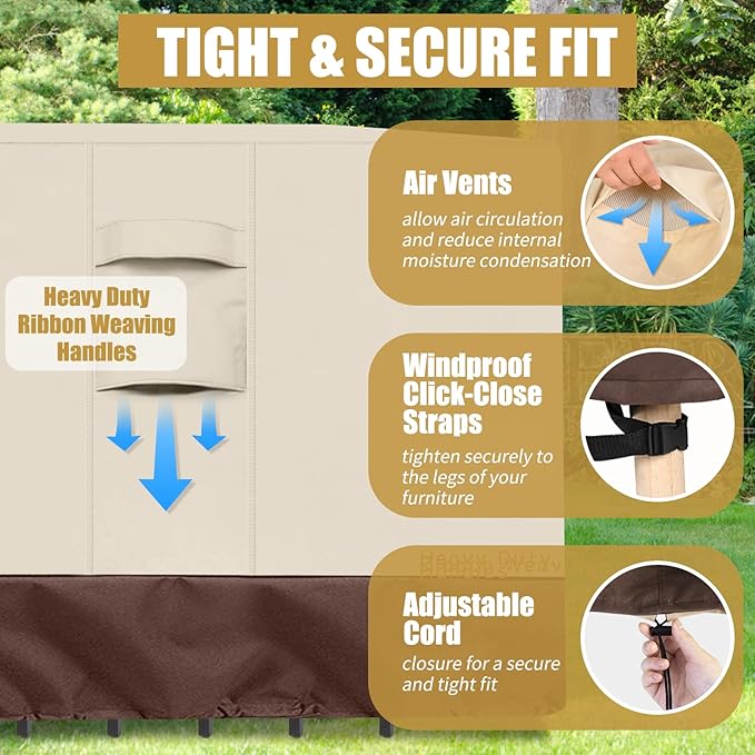 Patio Furniture Covers, Outdoor Protect Waterproof Covers General Purpose Outside Table and Chair Cover Heavy Duty Oxford Patio Cover, 96"L x 96"W x 28"H (Beige & Brown)