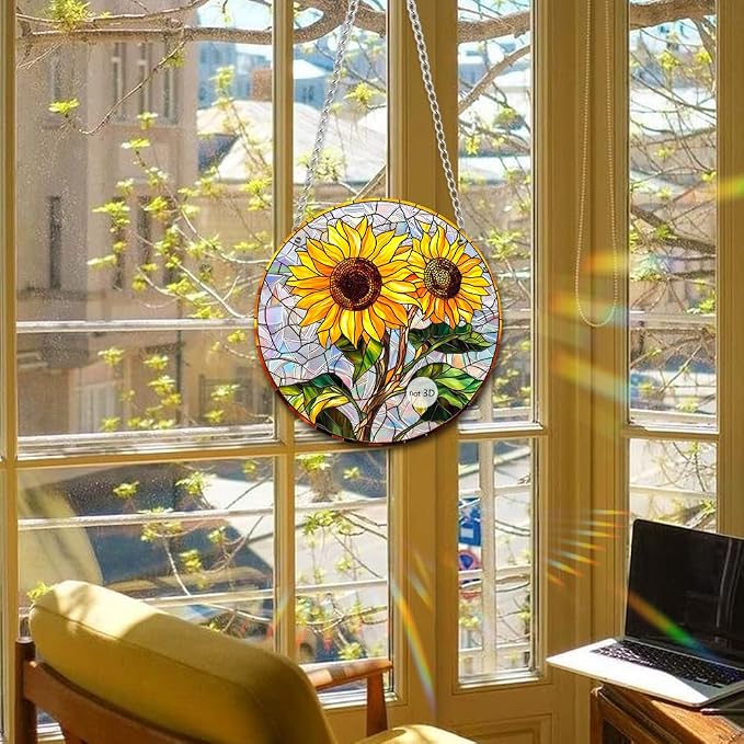 Acrylic Suncatcher Window Hanging, Sunflower Sun Catcher Rainbow Indoor Window Decoration for Living Room Bedroom Summer Home Balcony Ornaments, 7.87 inches