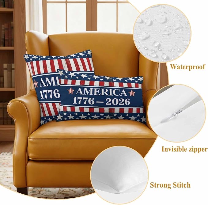 Outdoor Pillow Covers Waterproof, 250 Year American Anniversary Flag Decorative Square Throw Pillowcases Patio Cushion Covers for Tent/Garden, 20" x 20" 2 Pack, Blue Red USA
