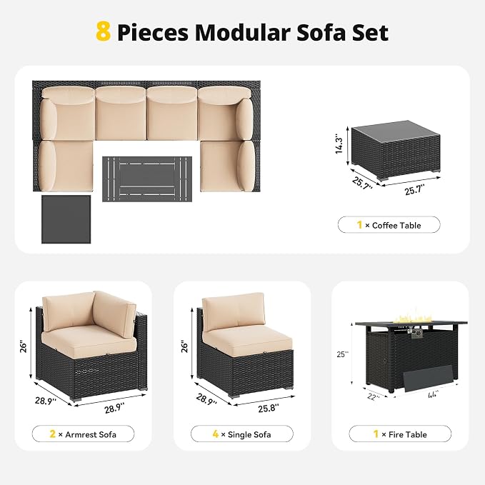 Aoxun Patio Furniture Set with Fire Pit Table, 8 Piece Outdoor Sectional Sofas, Wicker Rattan Outdoor Furniture with Thickened Cushion for Backyard, Garden Beige