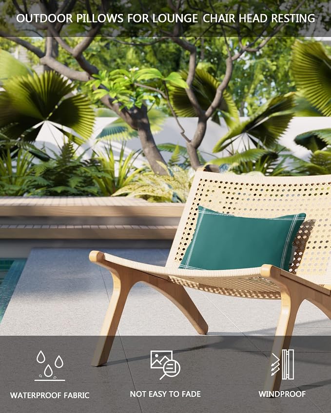 Outdoor Pillows Covers with Inserts Solid Color Dark Cyan Waterproof Recliner Pillow with Adjustable Strap Throw Pillows for Patio Furniture Pool Lounge Chair, 11x16 inch, 1PCS