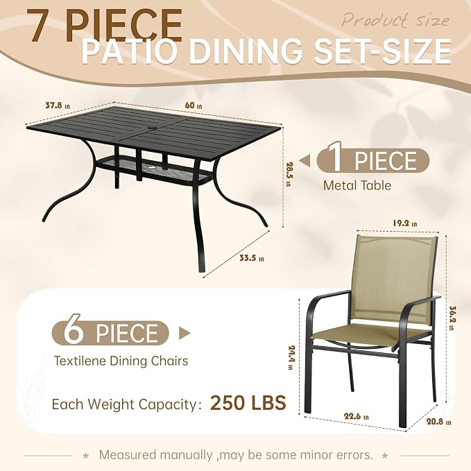 SUNCROWN 7 - Piece Outdoor Dining Set, Patio Furniture Set with 6 x Textilene Dinning Chairs and 1 Steel Slat Metal Bistro Table for Lawn Garden Backyard Deck, Brown