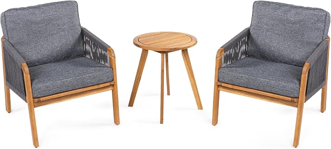 JONATHAN Y Aveiro Coastal 3-Piece Acacia Wood Outdoor Patio Conversation Set, Rope Woven Chairs with Cushions and Round Side Table for Backyard, Porch, Garden, Teak Brown/Gray LVG1203B-3SET