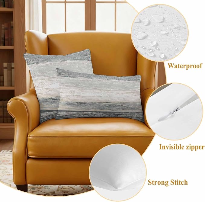 Dark Gray Outdoor Pillow Covers 20"x20" Set of 2, White Gradient Rustic Striped Minimalist Country Waterproof Throw Pillow Covers for Patio Furniture, Decorative Cushion Covers for Porch