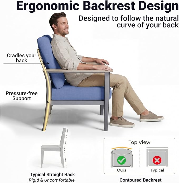 Aluminum Patio Chairs Set of 2, Modern Outdoor Armchairs with Wood-Like Armrests & 5.1" Thick Cushions, Wide Seat Balcony Furniture for Porch, Deck, Navy Blue