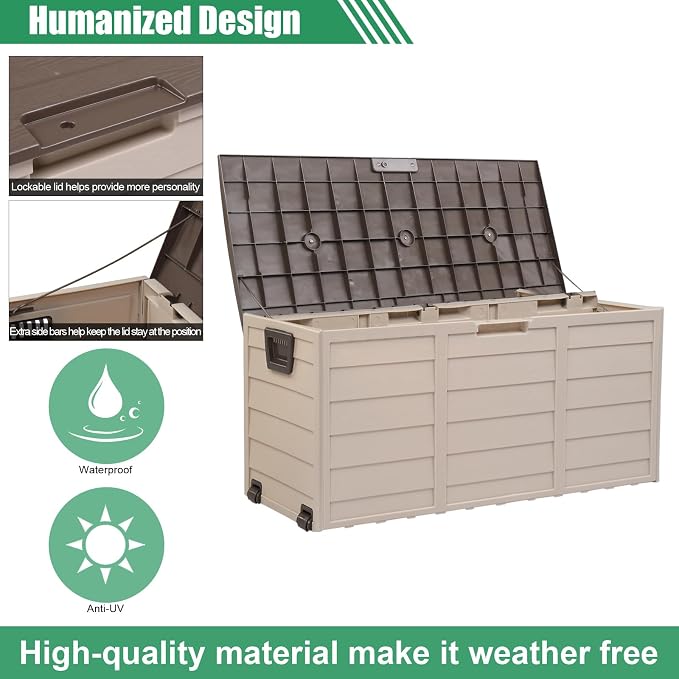VINGLI 75 Gallon Outdoor Storage Box, Patio Deck Box Furniture with Rolling Wheels, Plastic Storage Containers with Lockable Design, For Garden, Yard, Balcony (Brown)