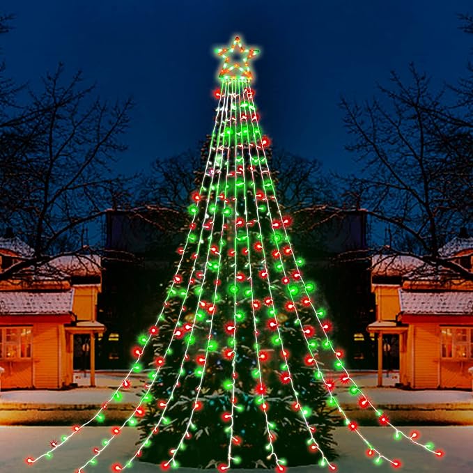 Christmas Decorations, Outdoor Christmas Lights, 320 LED Outdoor Christmas Tree String Lights with 12" Star Toppers [8 Modes& Waterproof] for Xmas New Year Holiday Decor (Red & Green)