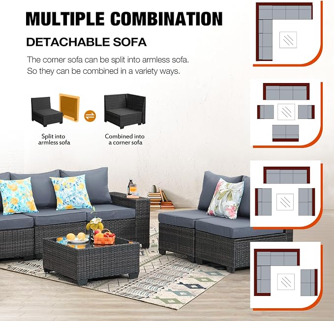 JOYURE 8 Pieces Patio Furniture Set All-Weather Outdoor Wicker Sectional Conversation Sofa Rattan Patio Seating Sofa with Cushion and Glass Table for Porch Poolside,Grey