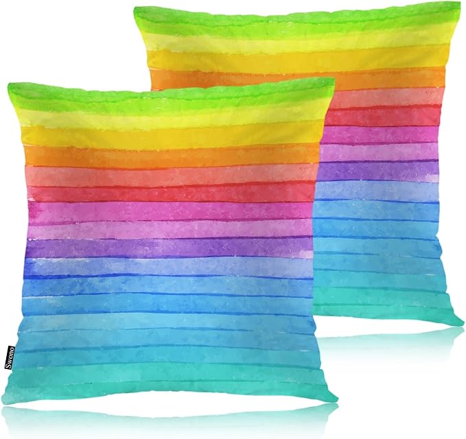 Swono Rainbow Striped Throw Pillow Covers, Watercolor Rainbow Lines Set of 2 Pillow Cases Decorative 18 X 18 Inches, Soft Cushion Cover Pillowcases for Bedroom, Living Room, Cushion Sofa