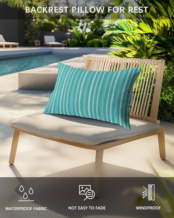 Pack of 4 Outdoor Lumbar Pillow Covers 11x16 Inch, Teal Striped Waterproof Throw Pillow Covers Set, Farmhouse Stripes Modern Vintage Indoor&Outdoor Decorative Cushion Cases for Patio Porch Car