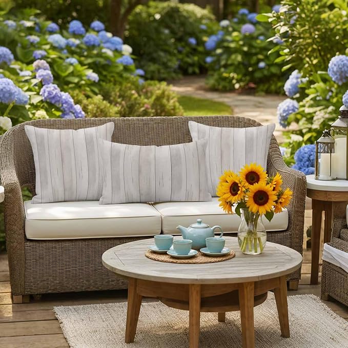Beige Outdoor Pillow Covers 16x16 Inch Throw Pillow Covers Set of 2 Waterproof Decorative Pillow Cases Farmhouse Simple Abstract Striped Wooden Grain Cushion Covers for Patio Furniture Garden Couch