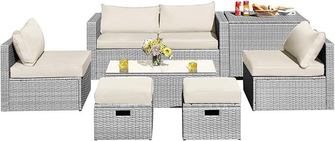 DORTALA 8 Pieces Patio Furniture Set, PE Rattan Sectional Sofa Set with Tempered Glass Table & Waterproof Cushions, Outdoor Wicker Conversation Set for Balcony, Poolside, Off White