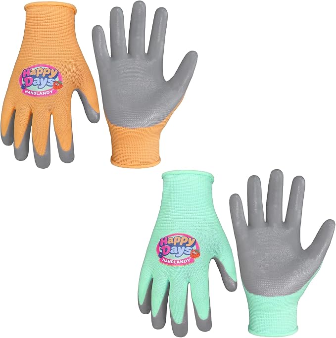 HANDLANDY 2 Pairs Kids Gardening Gloves, Grippy Kids Work Gloves, L | Foam Nitrile Coated Children Toddler Garden Yard Work Cycling Outdoor Playing Gloves for Girls Boys