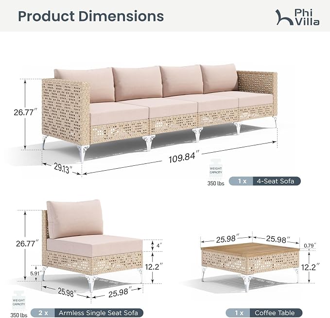 PHI VILLA 6-Seat Wicker Patio Furniture Set, Boho Outdoor Conversation Sofa Set with Acacia Coffee Table and Beige Cushions