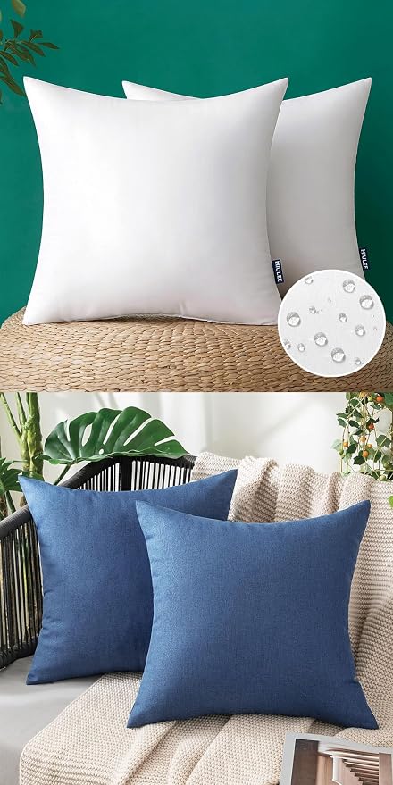 MIULEE Pack of 2 Decorative Outdoor Solid Waterproof Throw Pillow Covers 18x18 inch Blue with 2 Packs of Outdoor Pillow Inserts