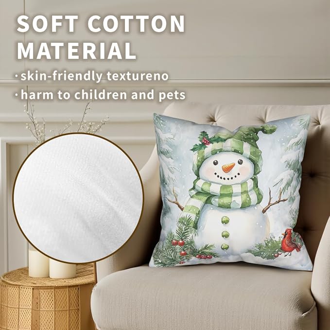 Set of 2 Winter Pillow Covers 20x20 Green Snowman Pine Tree Holly Berry Cardinal Bird Throw Pillow Covers Holiday Pillow Case for Home Decor Couch Sofa