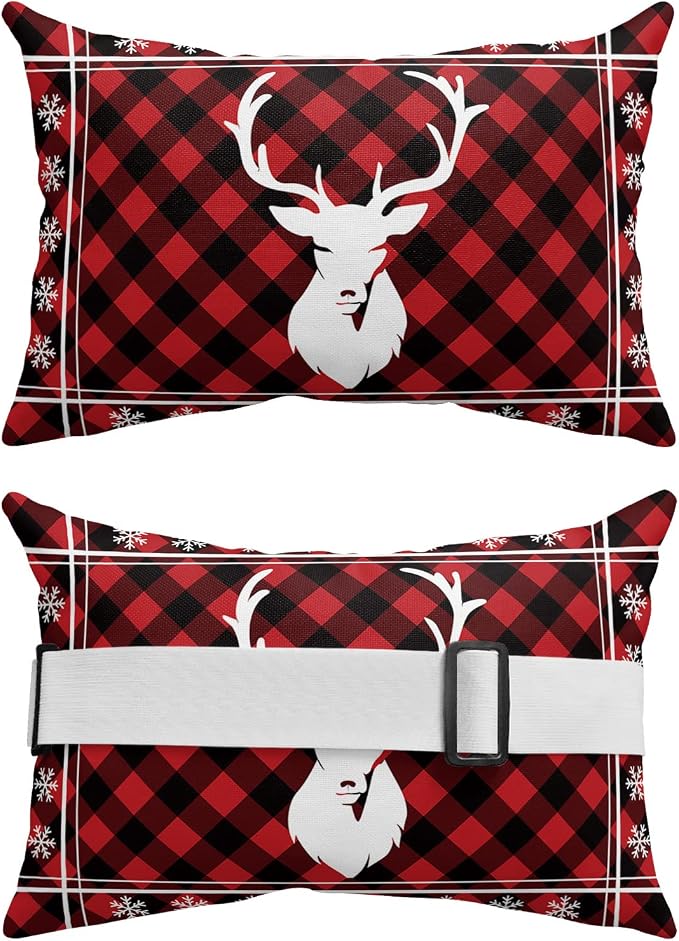 Outdoor Pillows Covers with Inserts Christmas Elk Snowflake Red and Black Plaid Waterproof Recliner Pillow with Adjustable Strap Throw Pillows for Patio Furniture Pool Lounge Chair, 11x16 inch, 1PCS