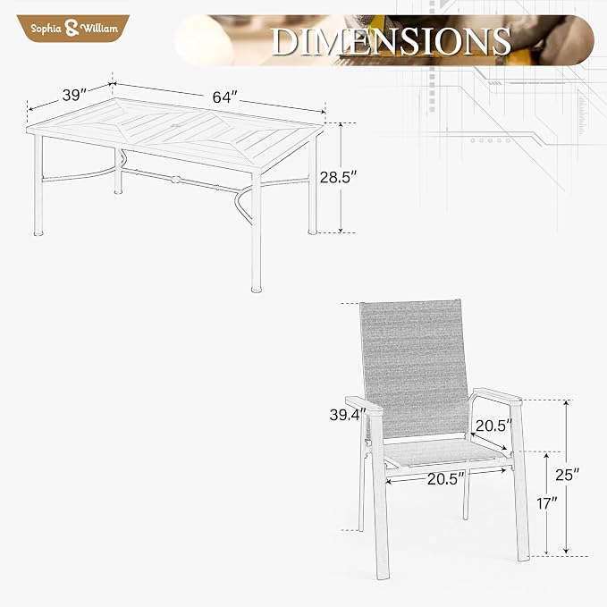 Sophia & William Outdoor Dining Set 7 Pieces, 6 x Aluminum Patio Dining Chairs and Large 64" Metal Dining Table, Space-Saving and Lightweight for Patio Lawn Garden (Beige)