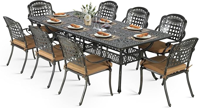 VIVIJASON 9-Piece Outdoor Dining Set, Cast Aluminum Retro Patio Furniture Table and Chairs Set for 8, Include Large 94.5" Rectangular Dining Table and 8 Chairs with Umbrella Hole, Khaki Cushion