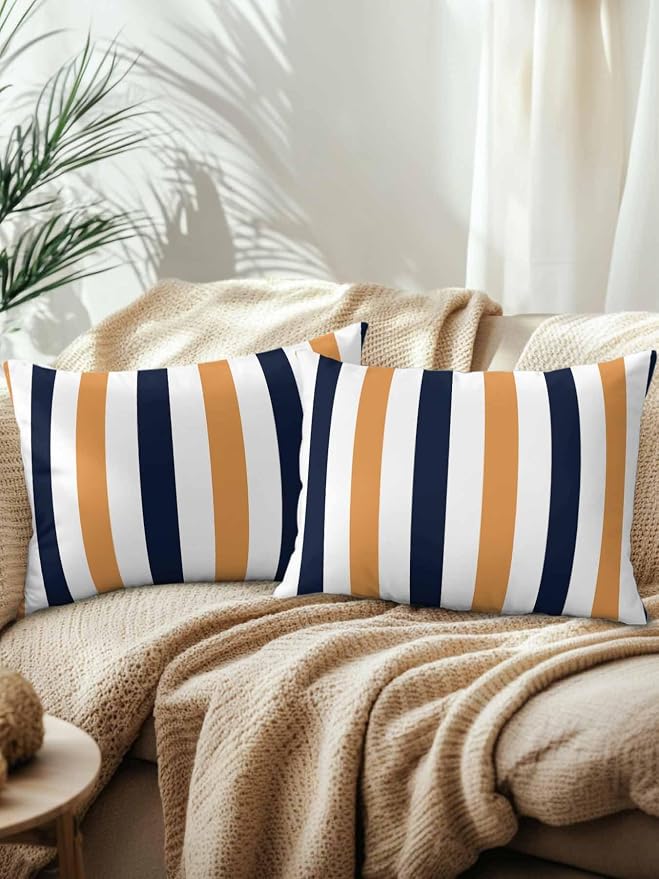 Outdoor Pillows Waterproof, Burnt Orange Navy Blue Striped Bedding Throw Pillows with Insert for Couch Sofa Bed, Farmhouse Stripe Art 12x20 Inch Pillowcases Camping Patio Pillow Set of 2