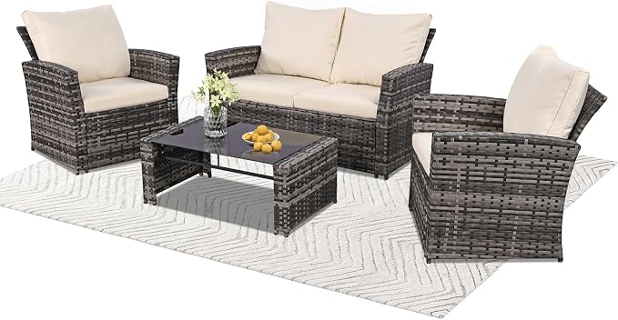 FHFO 4 Piece Outdoor Wicker Patio Furniture Set, Grey/Beige | Sectional Sofa | All-Weather Hand-Woven Rattan | Tempered Glass Coffee Table | Durable Fabric | Indoor & Outdoor Use