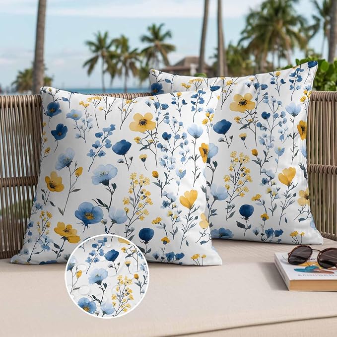 Watercolor Blue Outdoor Waterproof Throw Pillow Covers Set of 2, 26"x26", and Yellow Flower Leaves Spring Plant Decorative Pillow Covers Outside Cushion Case for Patio Porch Garden