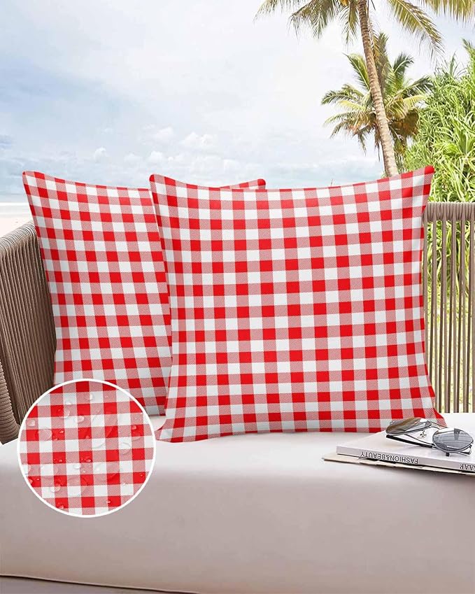 Outdoor Waterproof Throw Pillow Covers Set of 2 Red White Buffalo Plaid Pillowcases 16x16 Inches Pastoral Checked Decorative Pillows Cushion Case Patio Pillows for Couch Bed Chair Garden