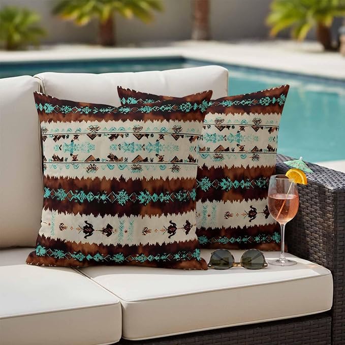 Western Aztec Outdoor Pillow Covers 24"x24" Set of 2, Brown Turquoise Tribal Ethnic Geometric Waterproof Throw Pillow Covers for Patio Furniture, Decorative Cushion Covers for Porch