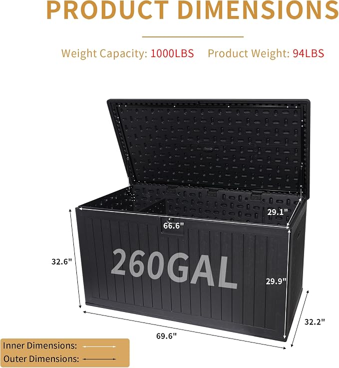 260 Gallon Resin Outdoor Deck Box Waterproof, Extra Large Patio Storage Box with Lockable Storage Containers for Patio Furniture Cushions, Pool Accessories, Garden Tools