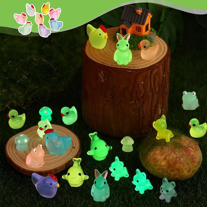 190PCS Luminous Mini Resin Ducks Tiny Glow in The Dark Duck Chickens Rabbit Frogs Dolphin Mushroom Puppy Resin Miniature Animals for Landscape Dollhouse Garden Decoration