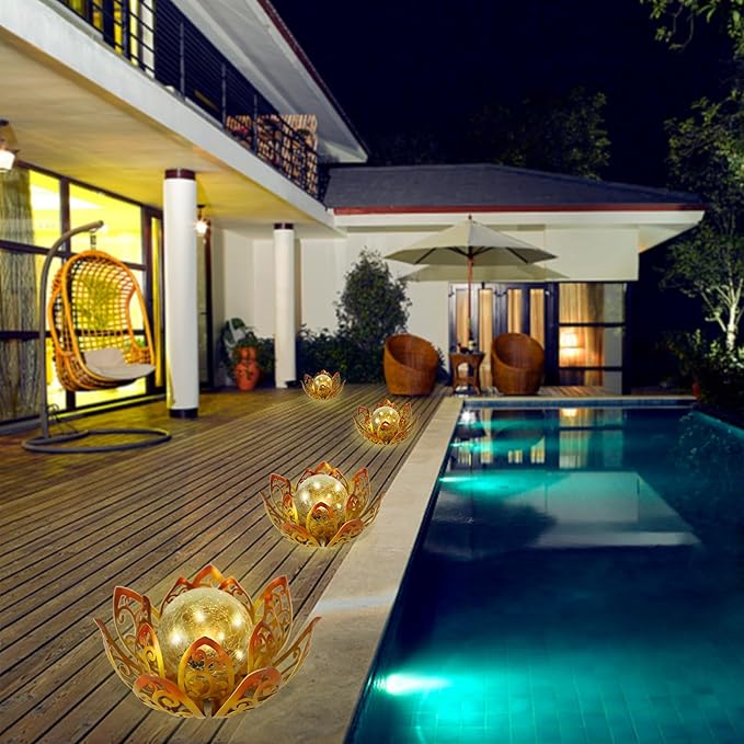 Afirst Solar Lights Outdoor, Lotus Lamp Garden Decor Metal Crackle Glass Solar Lantern Decorative Waterproof Tabletop Landscape Path Light LED Table Light for Patio,Lawn,Walkway,Tabletop,Pathway