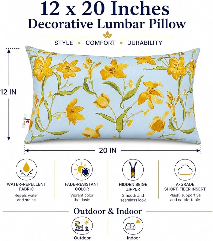 Pack of 2 Patio Lumbar Pillows 12"x20" | Fade Resistant Outdoor Waterproof Lumbar Pillow with Inners Decorative Garden Lumbar Cushions for Home Patio Terrace Sofa