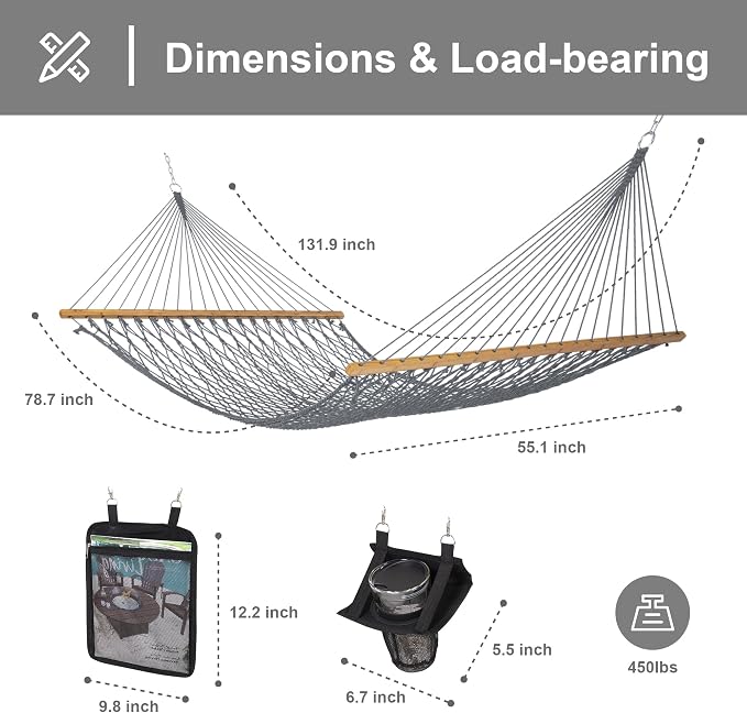 SUNCREAT Double Outdoor Rope Hammock, Polyester Rope Hammock with Extra Large Pillow, 450 lbs Capacity, Gray