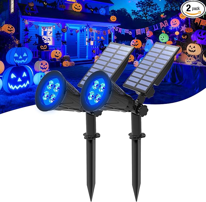 T-SUNUS Blue Solar Spotlights Outdoor 2 Pack, 200LM Landscape Lighting Waterproof IP65, Adjustable Spot Lights Auto On/Off 2 Modes for Yard Garden Tree Halloween Christmas Decoration Pond Flag Pool