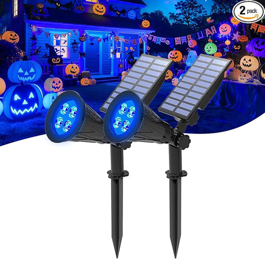 T-SUNUS Blue Solar Spotlights Outdoor 2 Pack, 200LM Landscape Lighting Waterproof IP65, Adjustable Spot Lights Auto On/Off 2 Modes for Yard Garden Tree Halloween Christmas Decoration Pond Flag Pool